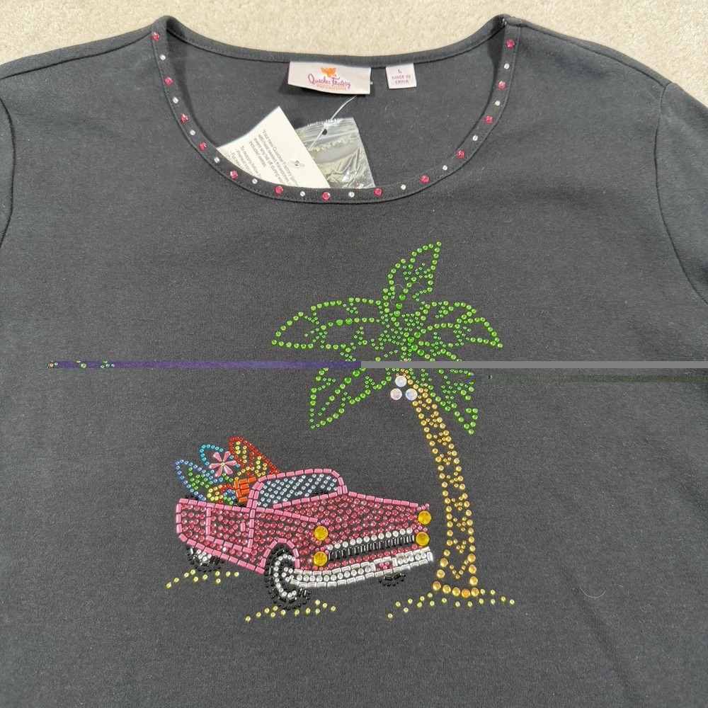 Quacker Factory Rhinestone Embellished Tshirt Women Large Black Palm Tree Car - Picture 1 of 10